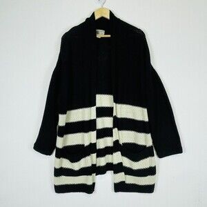 Habitat Black Beige Stripe Chunky Knit Open Front Cardigan Sweater‎ Womens Large